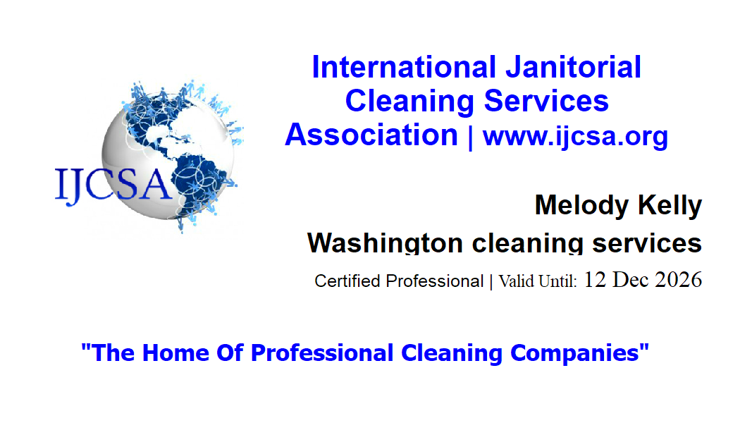 IJCSA Membership Card — Melody Kelly, Washington Cleaning Services, Certified Professional Valid Until Dec 2026